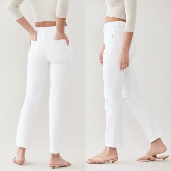 NWT Rollas Original High Rise Straight Jean 28 Layla White Distressed Knee Rip - Picture 3 of 12